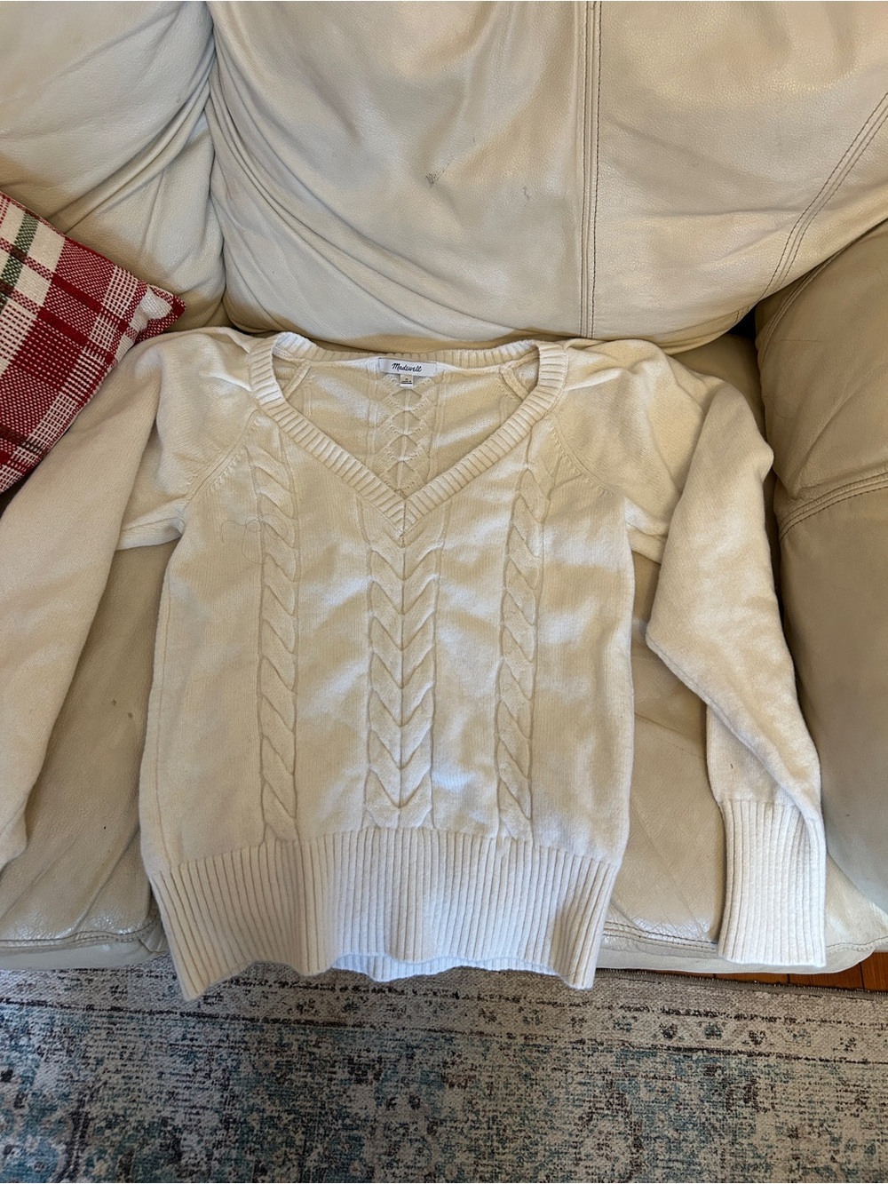 Madewell Cream Cable-Knit V-Neck Sweater